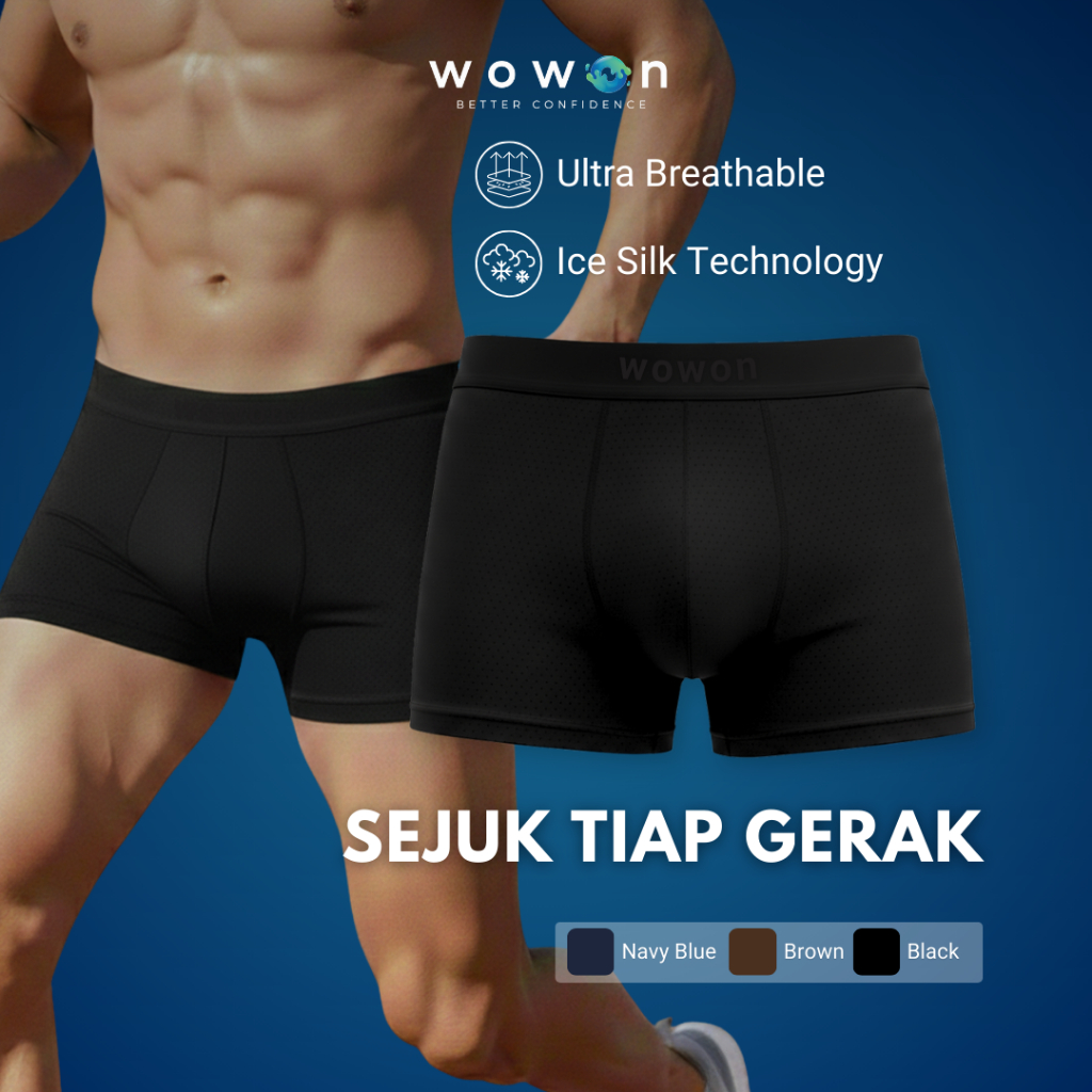 Wowon Men Boxer - 3 Pcs - Celana dalam pria - Soft Mesh Boxer | Hitam