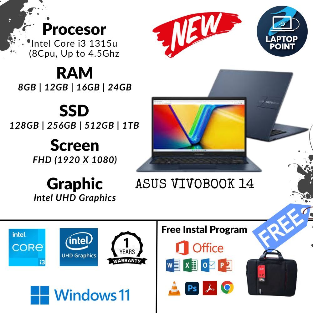 Laptop Baru Asus Vivobook 14 Core i3 1315u (Gen13) 24/1TB