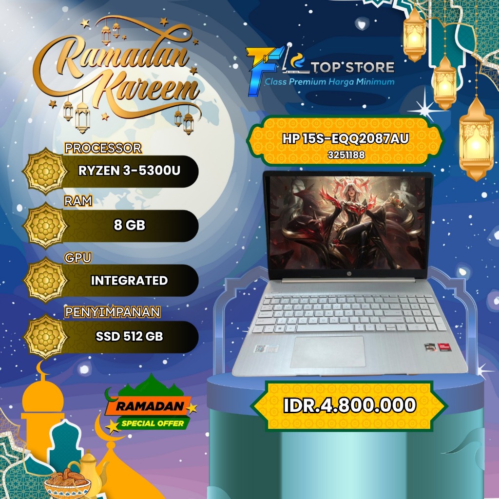 LAPTOP HP 15S-EQQ2087AU RYZEN 3-5300U SSD 512/8GB