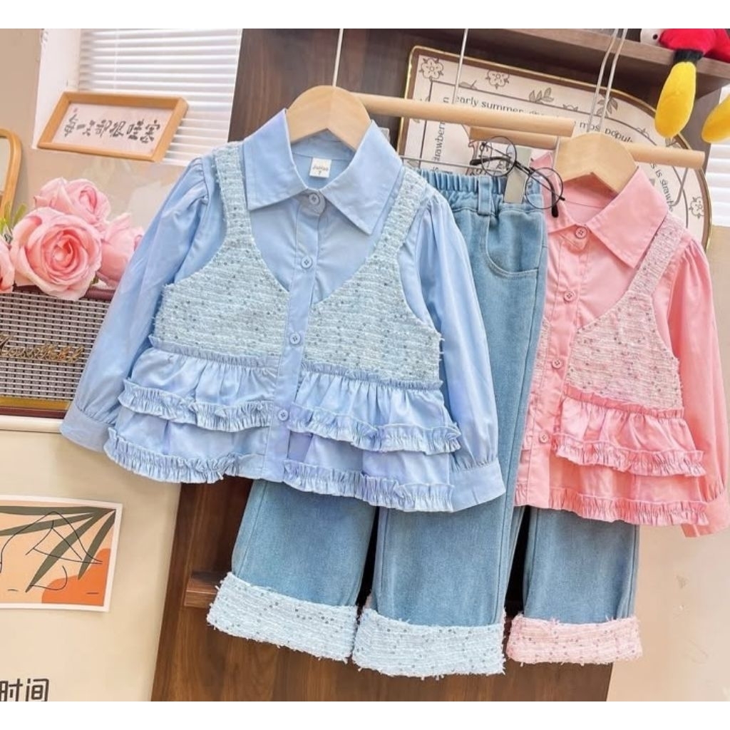Littleflamingo setelan baju outer  model rompi + celana jeans
