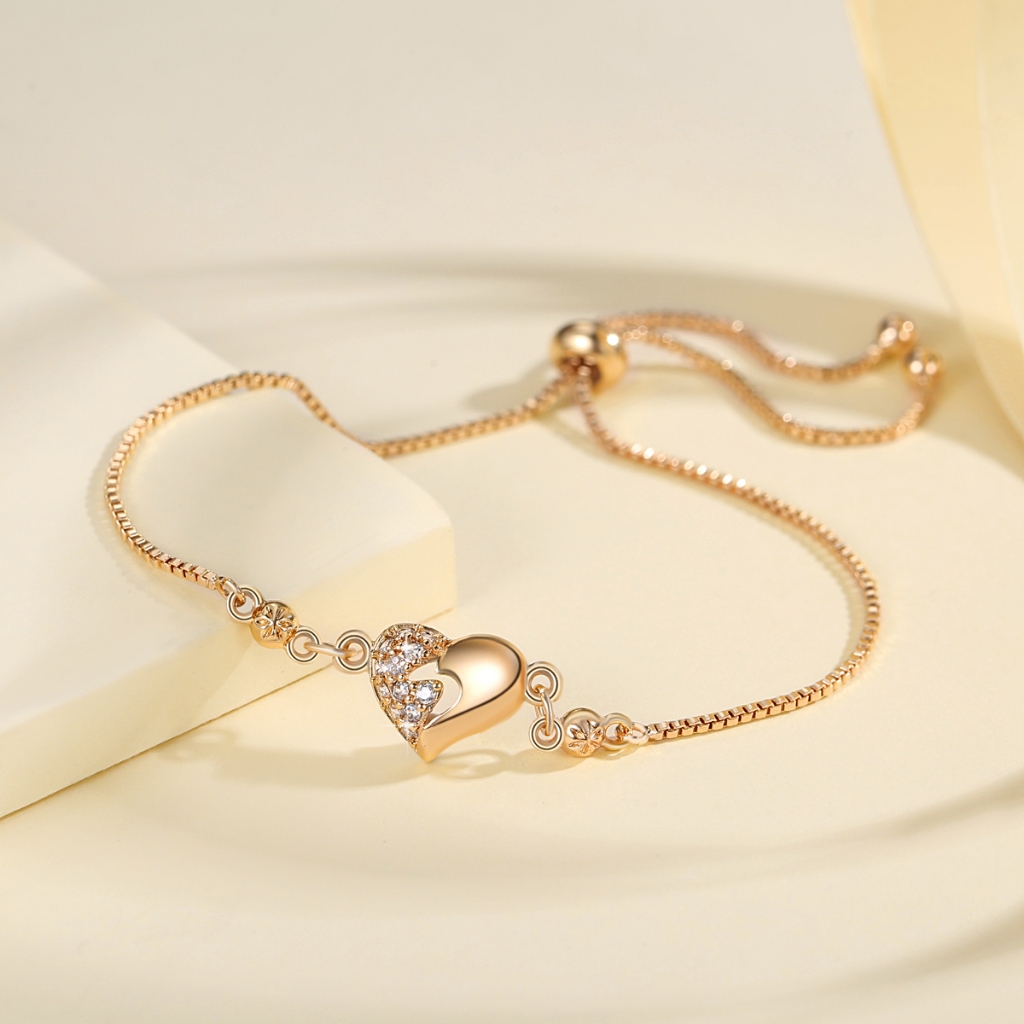Lanme Jewelry Gelang Serut Bangle Hati Berlian Titanium Lapis Emas Anti Karat Wanita Y489