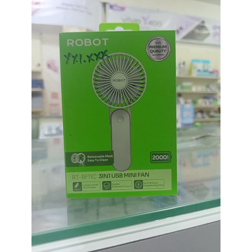 kipas angin mini portabel dan power bank USB Robot RT-BF11.