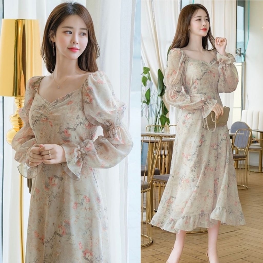 TC878 TIFFANY KOREAN STYLE FLORAL VINTAGE MIDI DRESS PANTAI HIJAB FRIENDLY