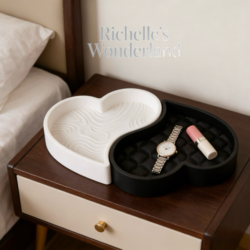 Kotak Penyimpanan Aksesori Berbentuk Hati, 2 in 1 Hitam Putih, Rapiin Meja Rias & Perhiasan
