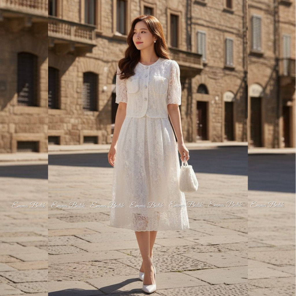 Emma.butik E00494 One Set Rok Lace Bordir Lengan Pendek Setelan Formal Pesta Gereja Wanita