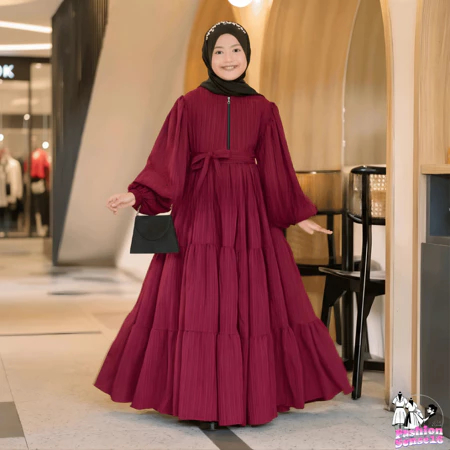 Gamis Dress Lengan Panjang Anak Perempuan Muslim Warna Maroon Pakaian Gamis Cursh Rempel Polos