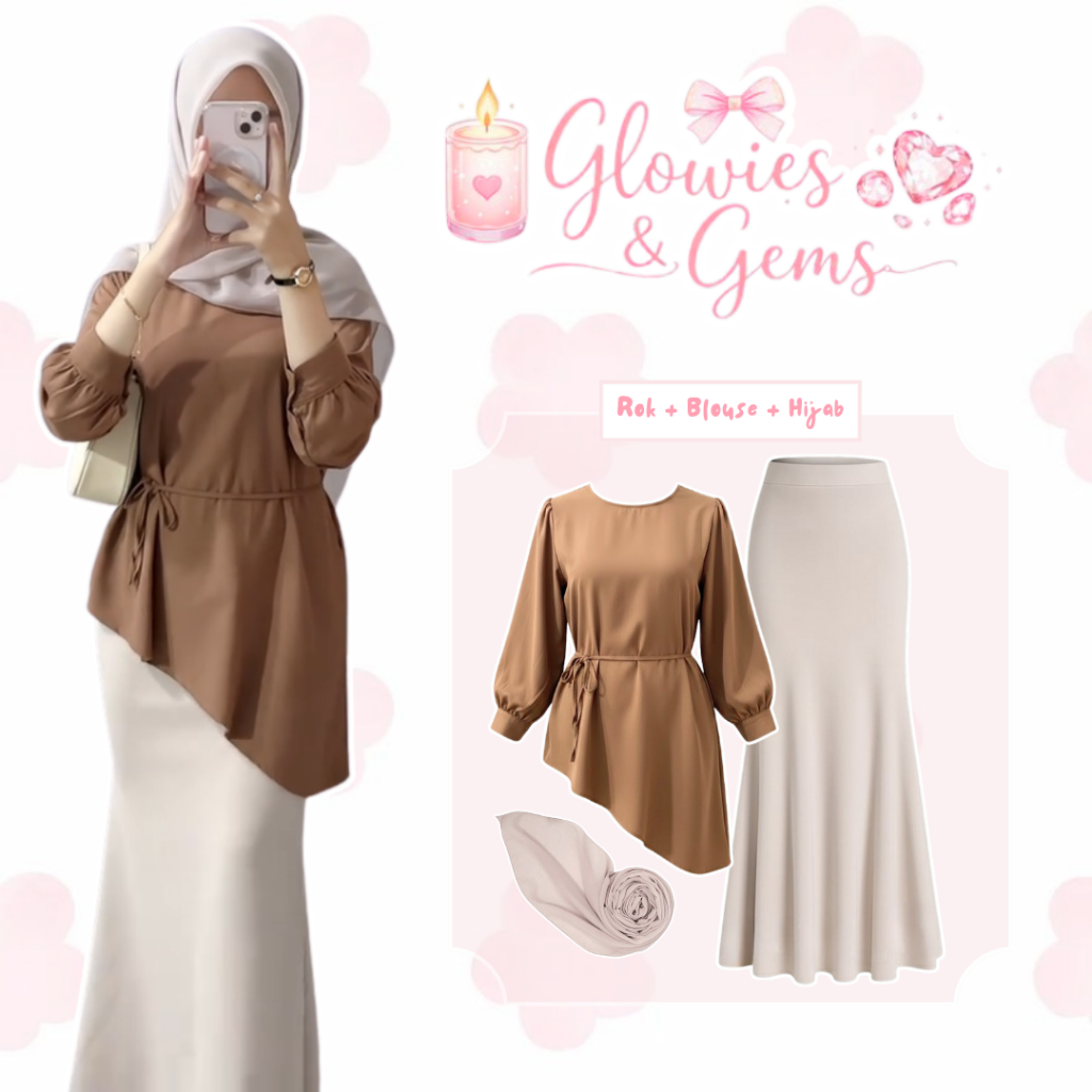 One Set Ramadan Simple Chic 3in1 / Rok Duyung + Blouse Rayon Twill + Hijab Polycotton / Outfit Wanit