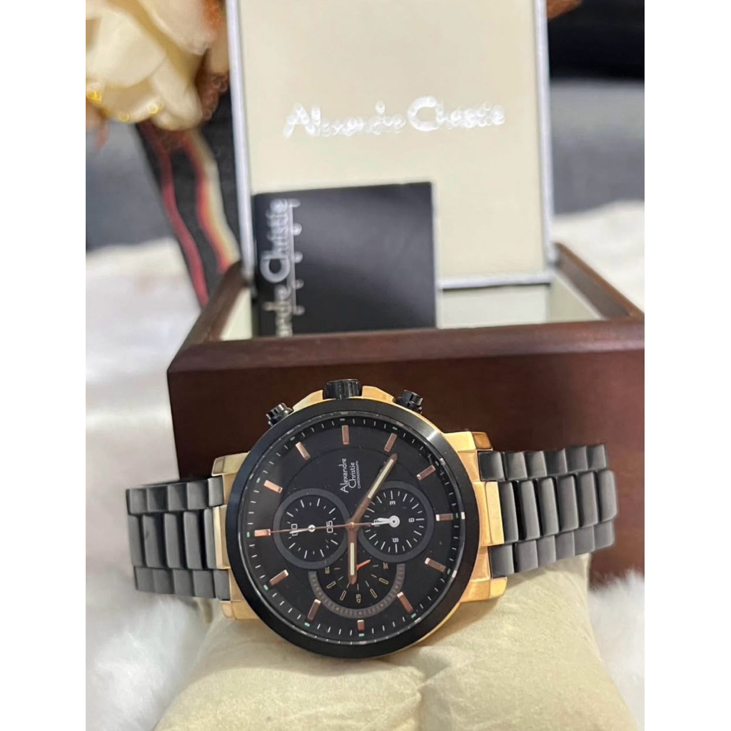 Dijual Jam Mewah Alexandre Christie, AC 6563 MC Hitam Rosegold Rantai