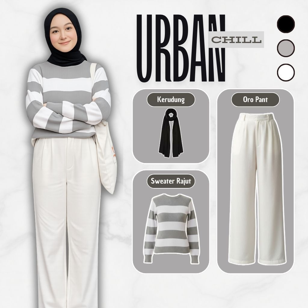 One Set 3in1 - Sweater Rajut  + Celana Oro Pant + Pashmina - Baju Setelan Remaja Korea - 67