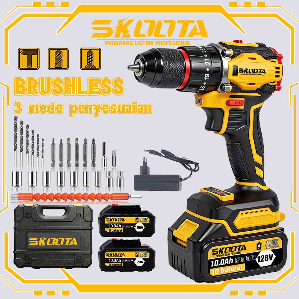 SKTOOA 128V  Bor tanpa sikat , bor impak 13 meter, set mata bor 24 buah, bor tanpa kabel, 2 baterai 