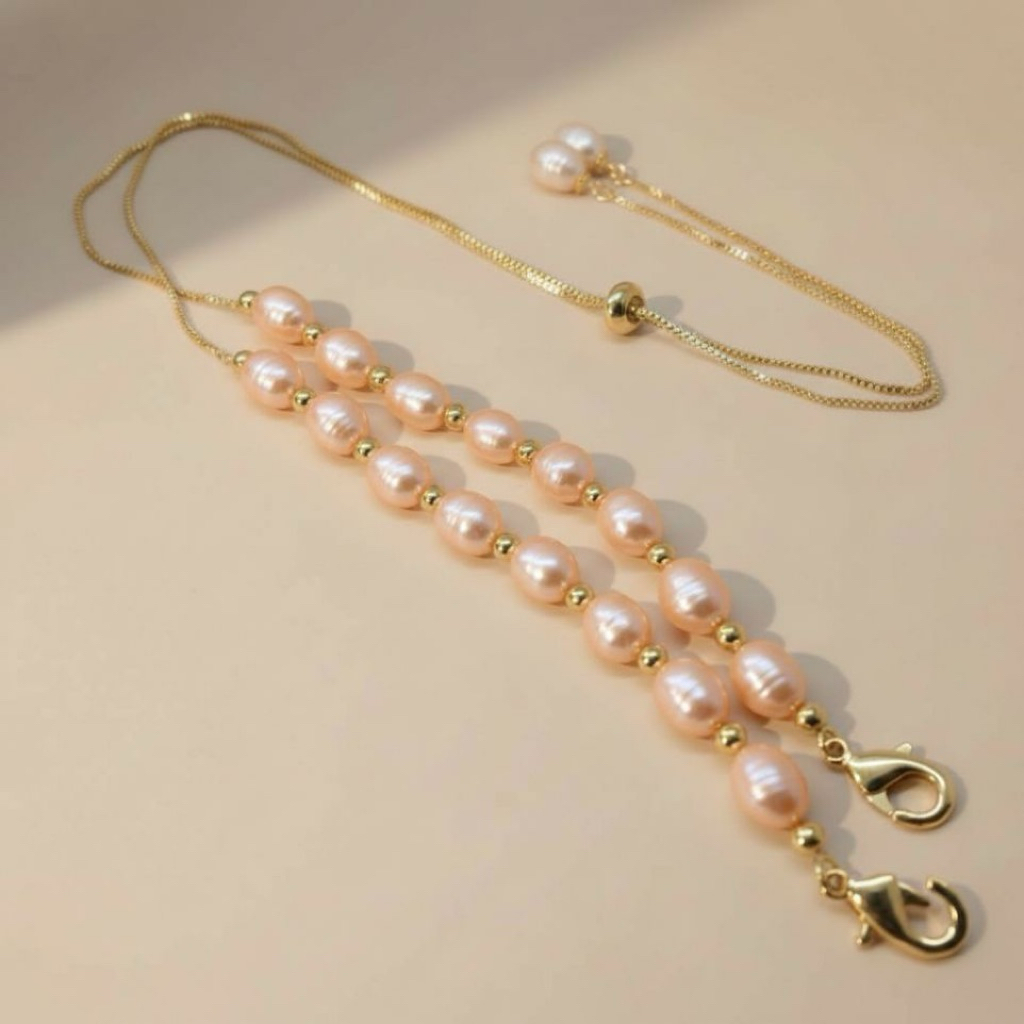 Aksesoris Perhiasan Konektor Connector Hijab Masker Rantai Serut Rhodium Lapis Emas 18 Karat Mutiara