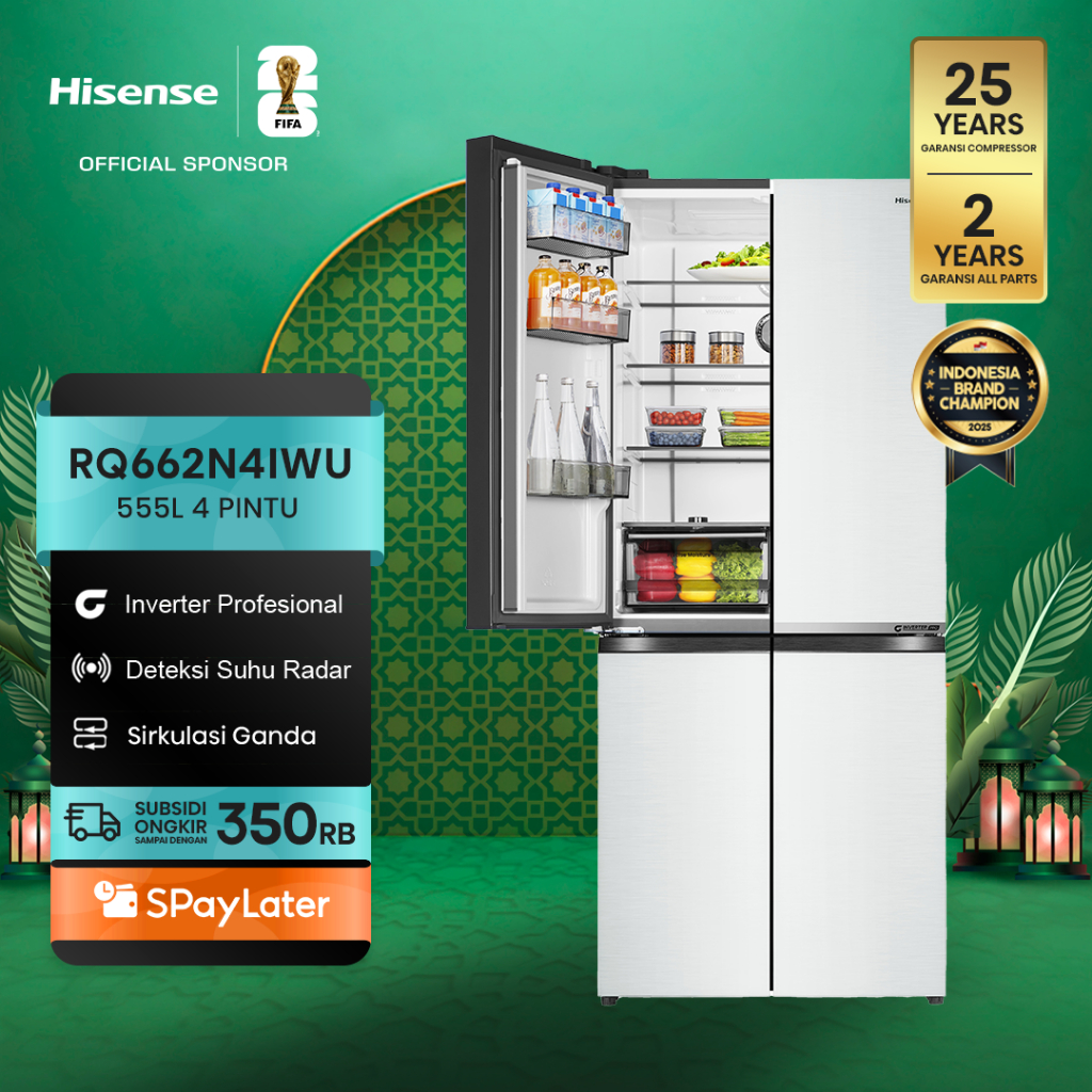 Hisense Kulkas RQ662N4IWU Refrigerator 4 Pintu Kapasitas 555L Warna Putih Inverter Pro 360 Derajat M