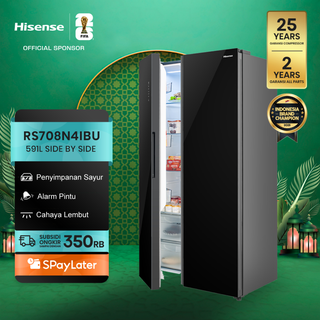 Hisense Kulkas RS708N4IBU Refrigerator Side By Side Kapasitas 591L Warna Hitam Inverter Tanpa Bunga 