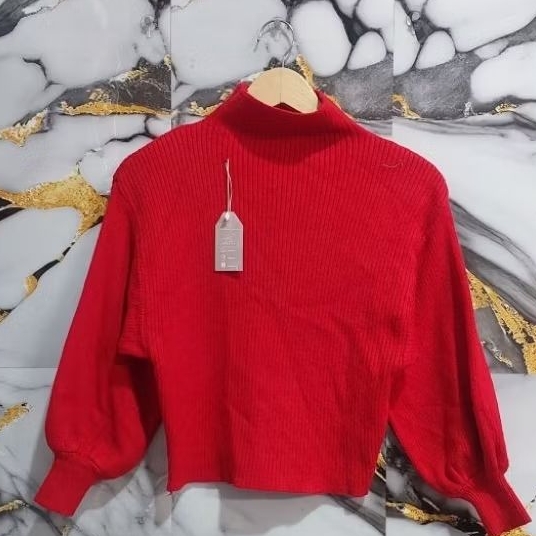 ALBYANDRAID SWEATSHIRT RAJUT LIDI LENGAN BALON MERAH
