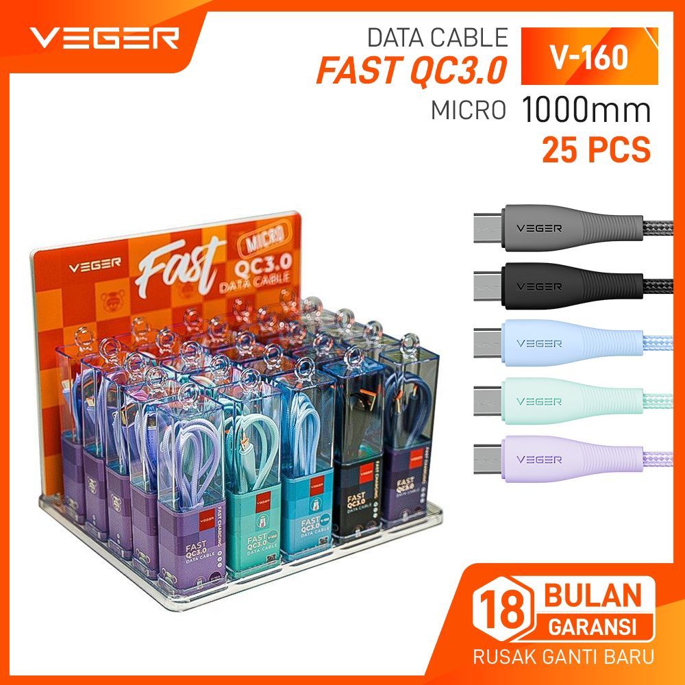 VEGER Kabel Data (1 PCS) V-160 Micro/ V-170 Type-C/V-180 Lightning 1M Data Cable Fast Charging