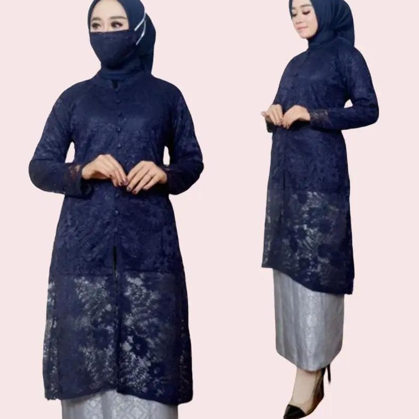 Setelan Kebaya Tunik Kancing Bahan Brokat Premium Full Puring Warna Navy