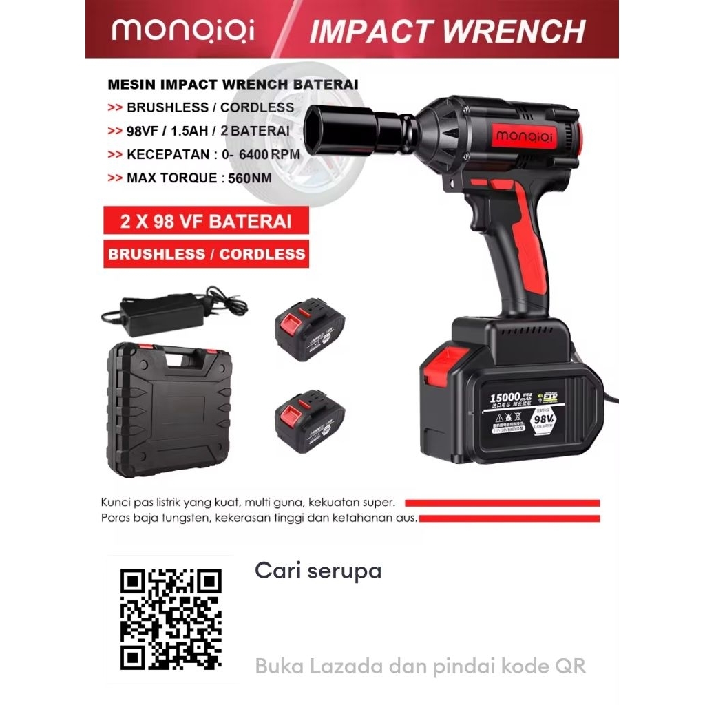 Monqiqi Bor impek pembuka baut motor Cordless Impact Wrench high torsi Brushless impact Baterai 98Vo