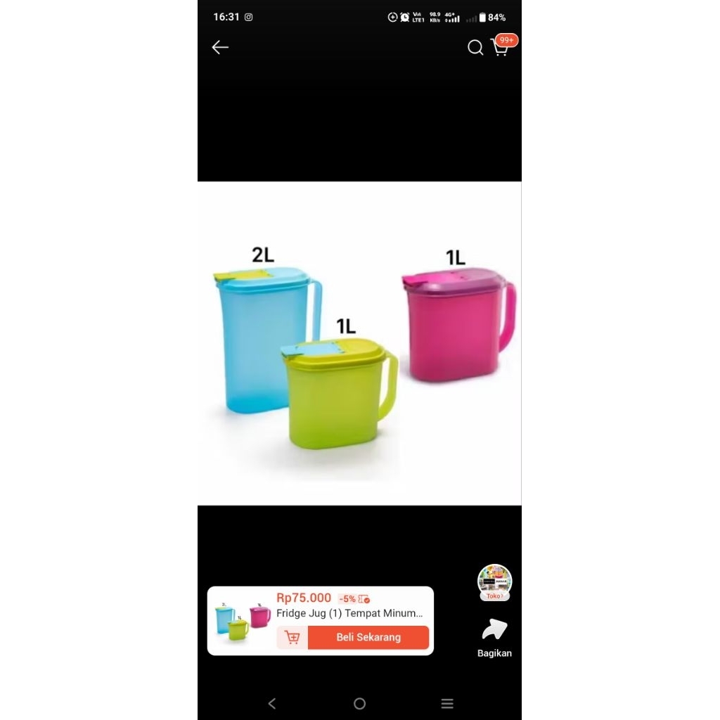 Tupperware fridge jug 2L biru