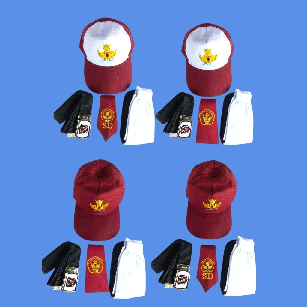 PAKET LENGKAP SATU SET TOPI+DASI+SABUK+KAOS KAKI SEKOLAH SD MERAH POLOS DAN MERAH PUTIH COWOK CEWEK