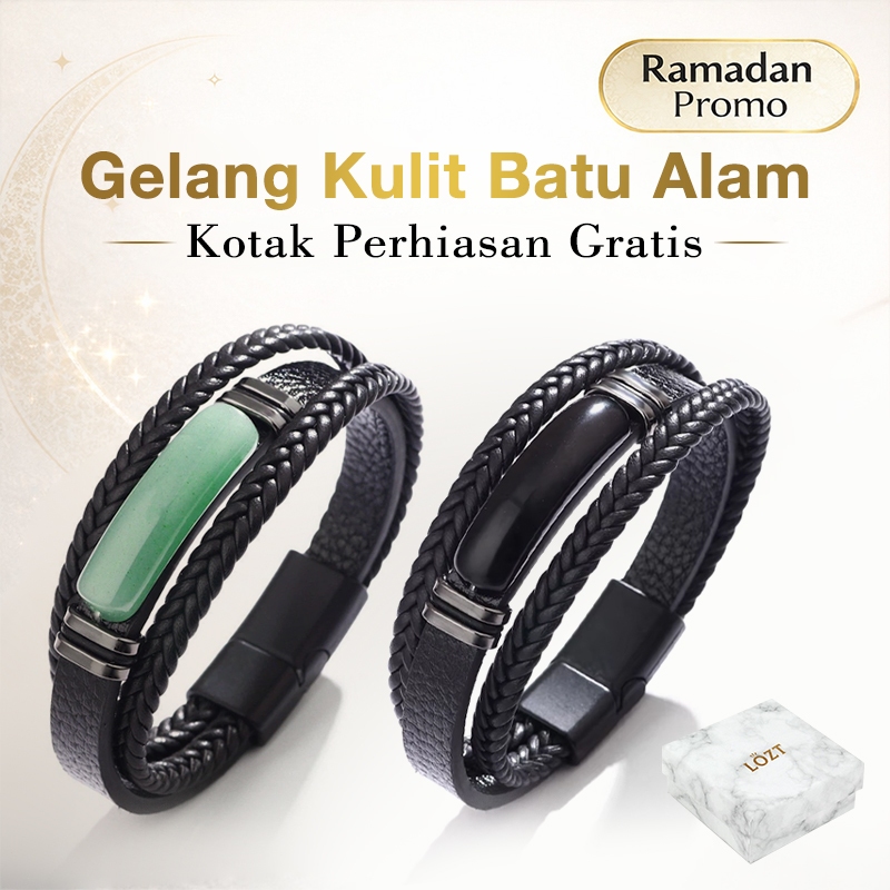 [Ramadan Sale] Gelang kulit pria batu hijau hitam gelang batu obsidian kulit premium gelang pria ker