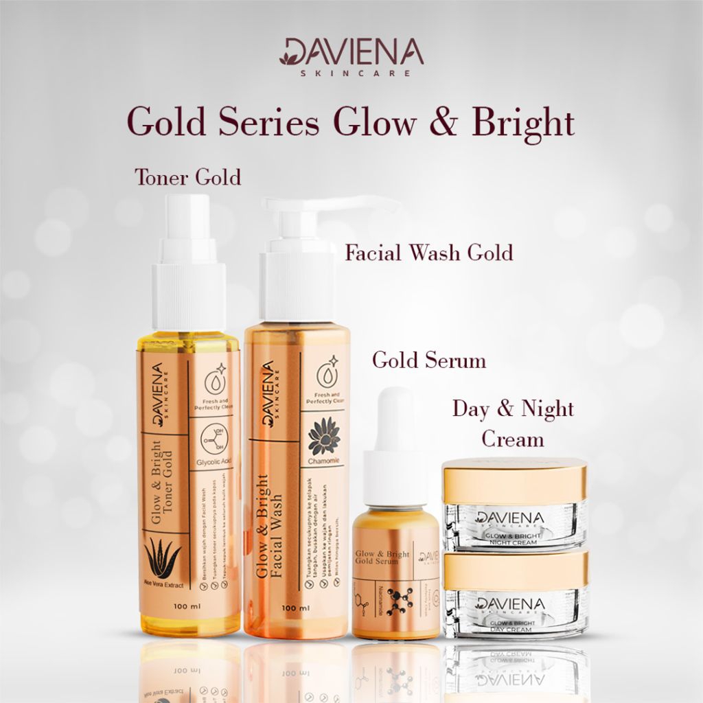 DAVIENA SKINCARE PAKET GOLD GLOWING ACNE MENCERAHKAN KULIT SUSAH PUTIH FLEK HITAM SENSITIF BERJERAWA