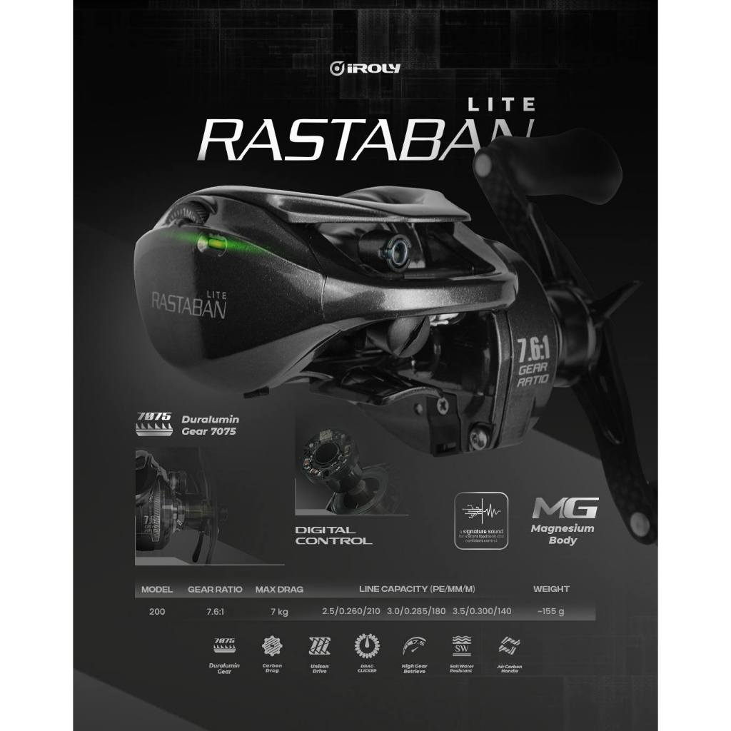 Reel BC/BAITCASTING IROLY RASTABAN LITE DC 200 DIGITAL CONTROL (LEFT HANDLE)