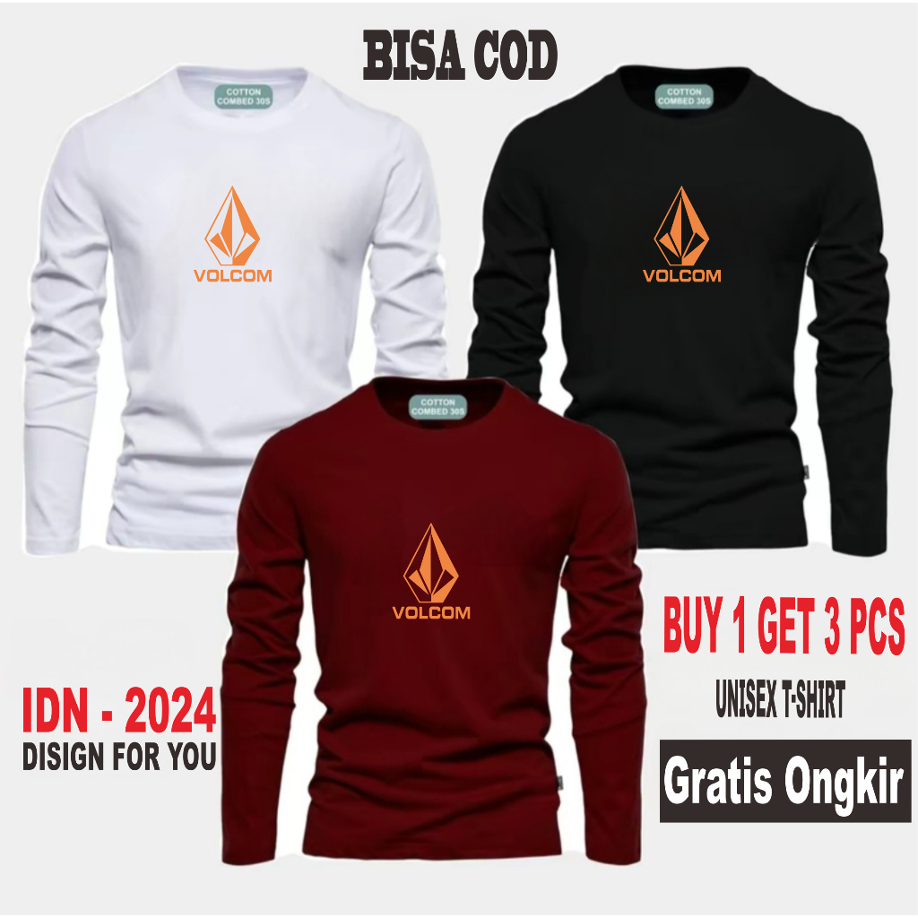 Paket Isi 3 Pcs ( PROMO COD) Kaos Distro Premium Bahan Adem nyaman Kaos Unisex Lengan Panjang  Volc 