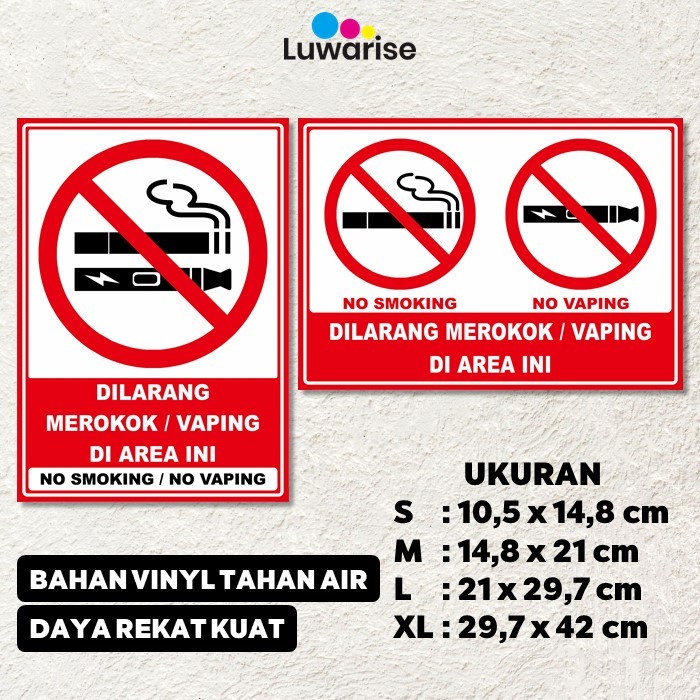 Stiker Dilarang Merokok Vape Vinyl Glossy Anti Air Tahan Lama Ukuran S M L XL