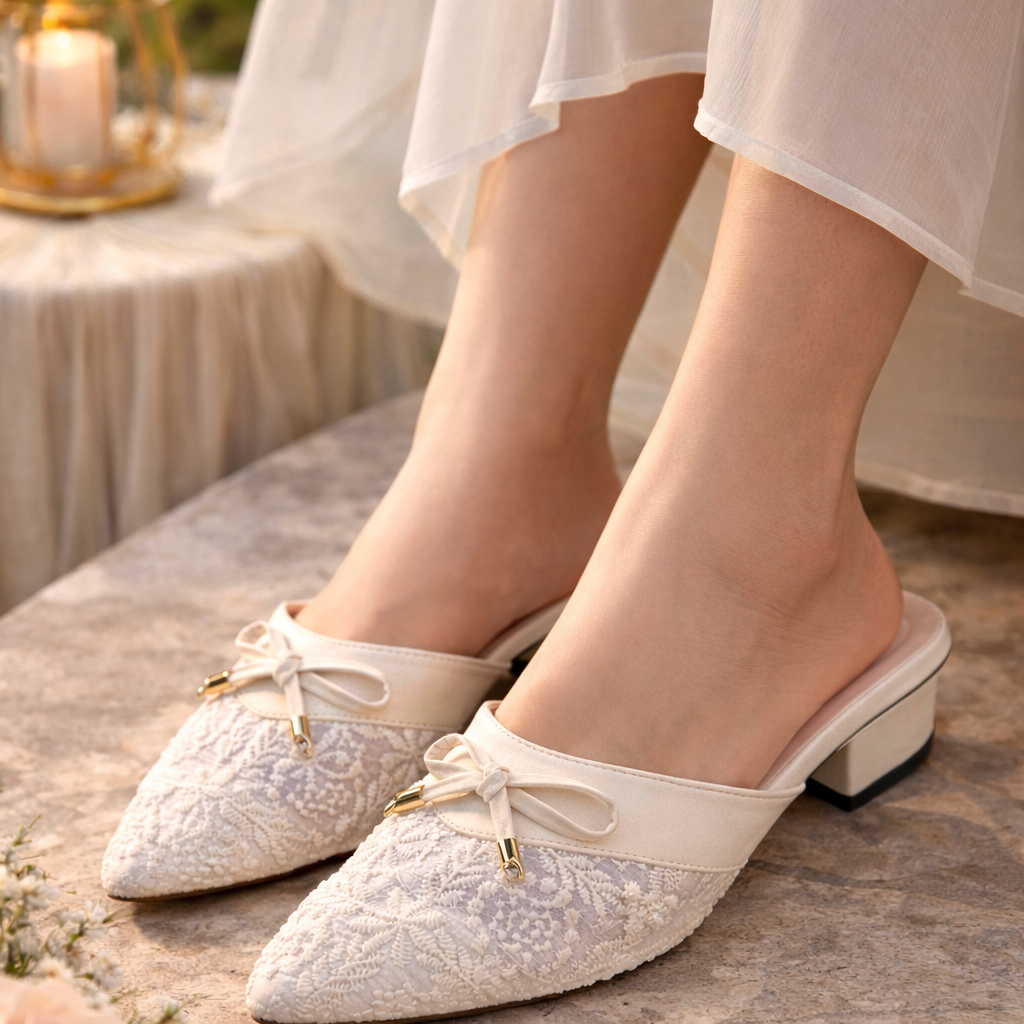 Heels Wanita krem Brukat Pita Elegant | Sandal Slop Hak 3cm Ujung Lancip Formal Pesta Kondangan