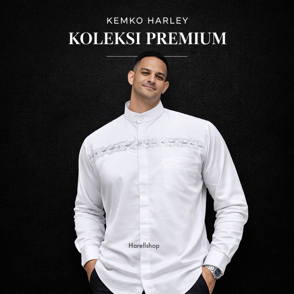 Kemko Harley Putih Premium Lengan Panjang Motif Bordir Abu Kontras Bahan Katun Bertekstur