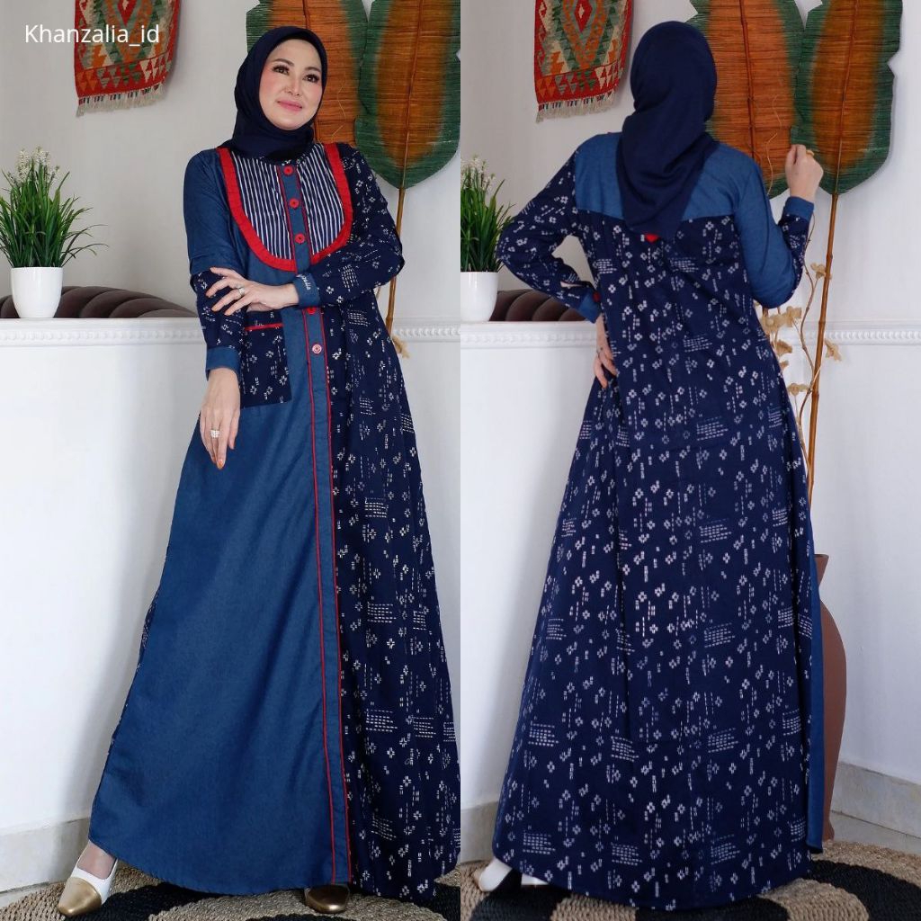 Fatia Dress Denim / Gamis Denim Gamis Batik Kombinasi Denim / Gamis Batik Modern / Gamis Batik Katun