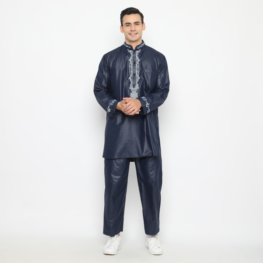 Gamis Kurta Pakistan Laki Laki Dewasa Motif Full Bordir Setelan Baju & Celana Bordir Lavero Navy