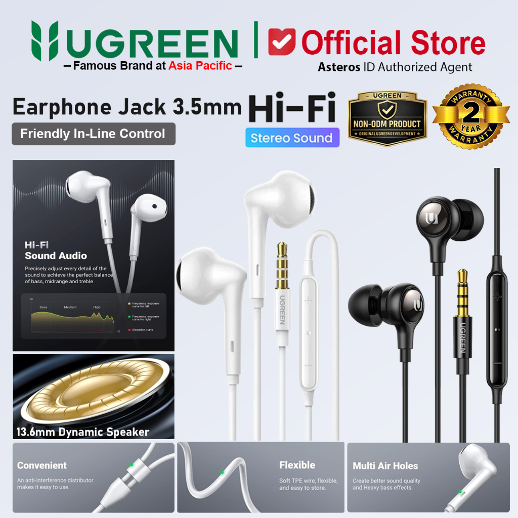 UGREEN Headset Jack 3.5mm In-Ear Stereo Bass Earphone Open Mic