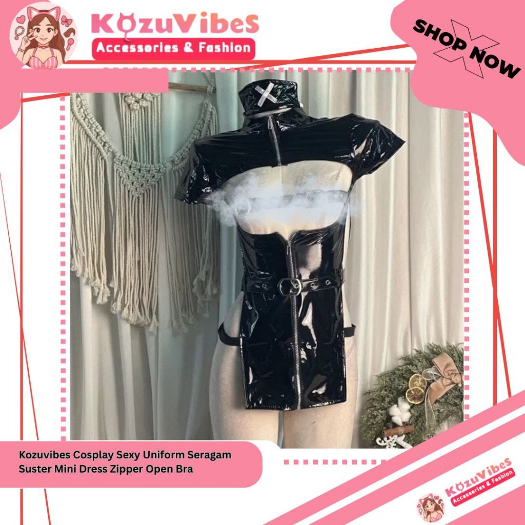 Kozuvibes Cosplay Sexy Uniform Suster Nurse Mini Dress Zipper Open Bra
