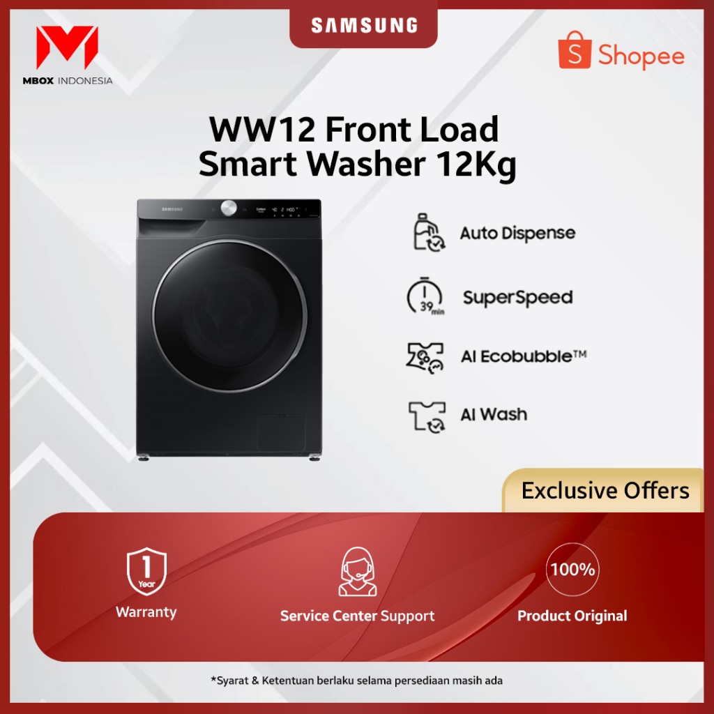 Samsung Mesin Cuci 12kg Front Load Washer with AI Ecobubble , AI Wash - WW12CGP44DSBSE