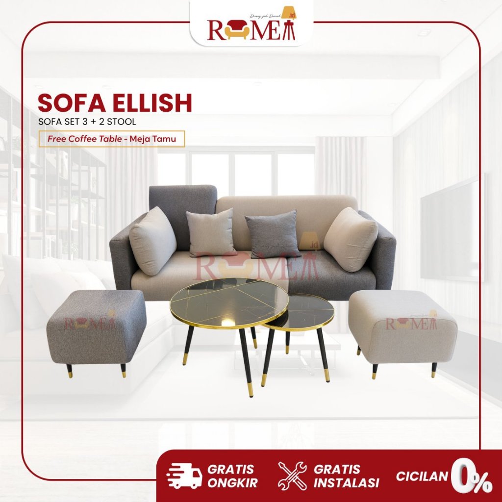Rumea - Sofa Ellish Set 3 Seater + 2 Stool + Meja Tamu | Sofa Ruang Tamu Modern Minimalis Kain Maver