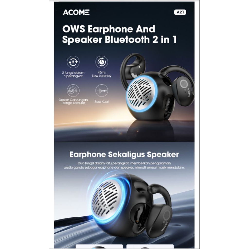 ACOME A21 TWS Earphone & Speaker 2-in-1 Bluetooth 5.4 Low Latency 45ms Hitam