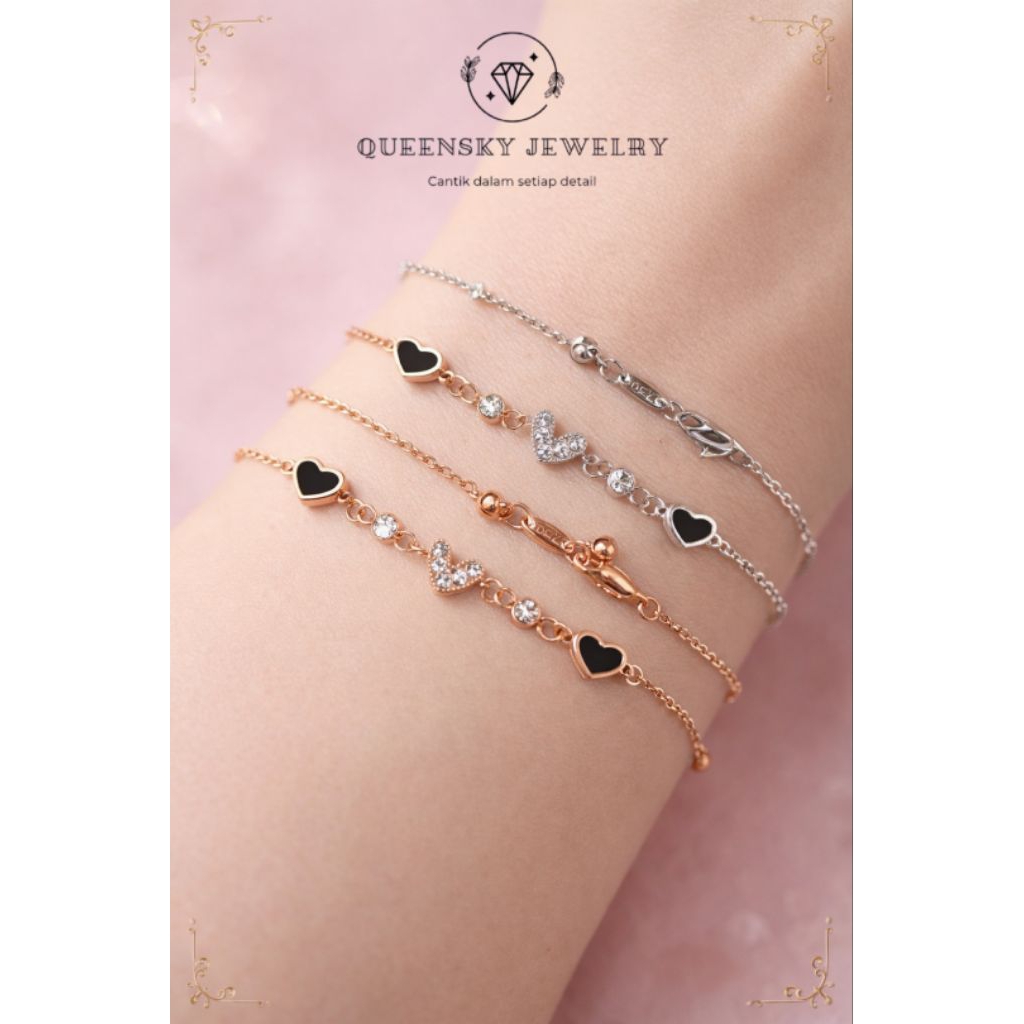QUEENSKY JEWELRY - Gelang serut gold Titanium black love permata simple elegant