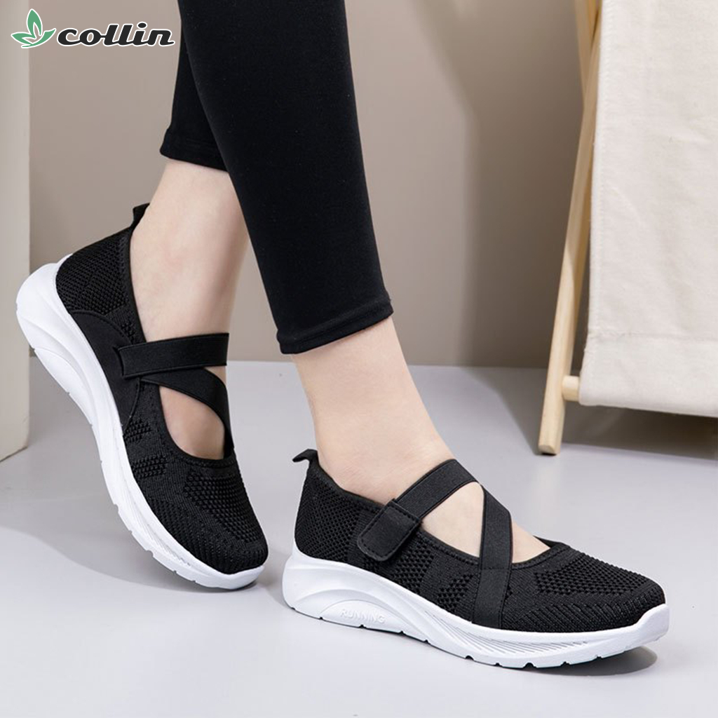 COLLIN Sepatu Slip On Rajut Wanita Dewasa Trendy Comfy Running Shoes Training - GA5701 ALAS PUTIH