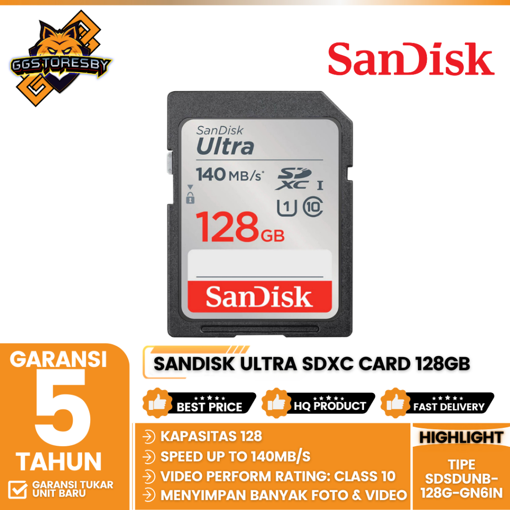 SanDisk Ultra SDXC Card 128GB 140MB/s Class 10 UHS-I - (SDSDUNB-128G-GN6IN)