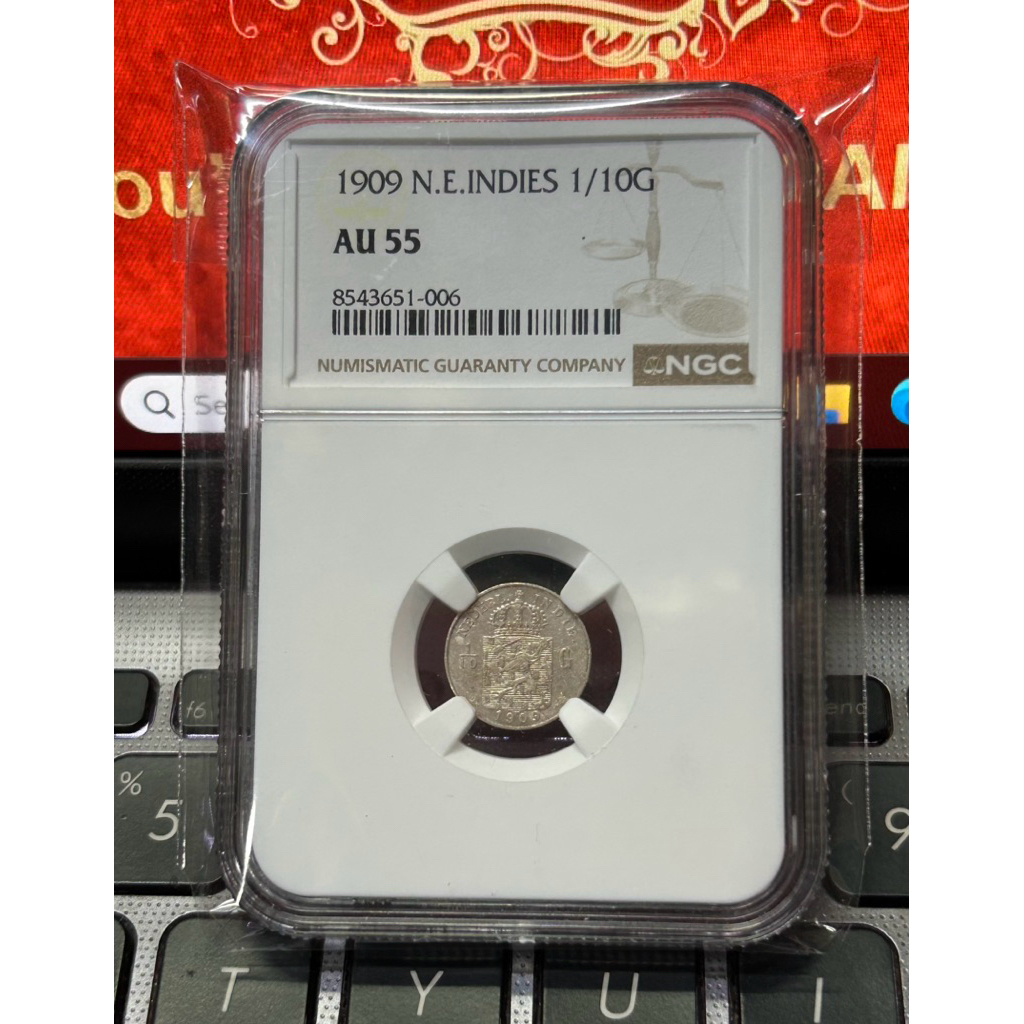 KOIN PERAK SILVER 1/10 GULDEN 1909 NETHERLAND EAST INDIES NGC AU 55