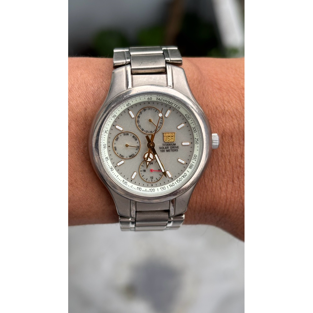 Jam Tangan Elgin Fk-1203-C Analog Quartz Men Titanium Solar Drive Waterproof Vintage 772127