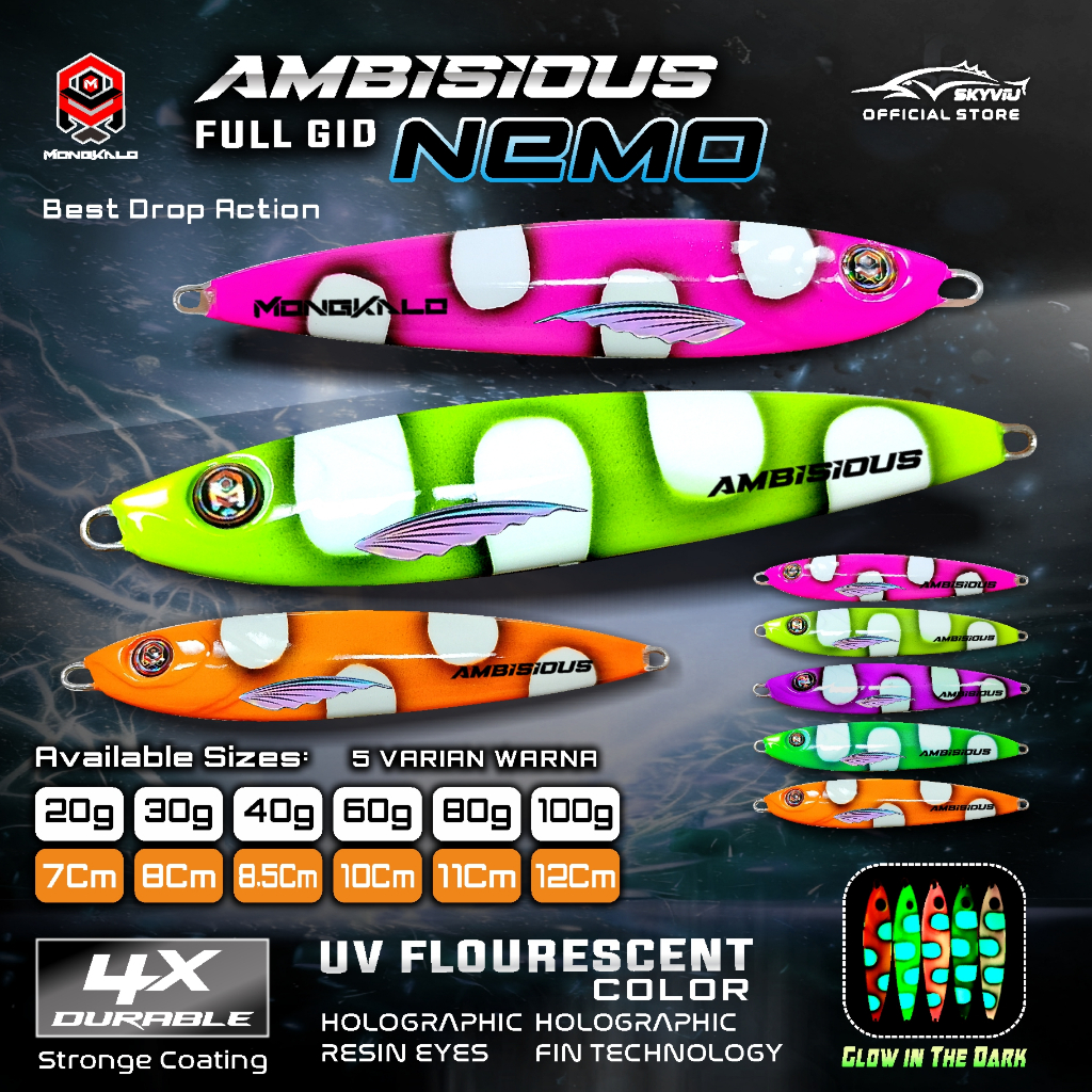 Metal Jig MONGKALO AMBISIOUS Nemo Full GID UV 20 g 30 gr 40 grm 60 80 100 gram - Umpan Pancing Manci