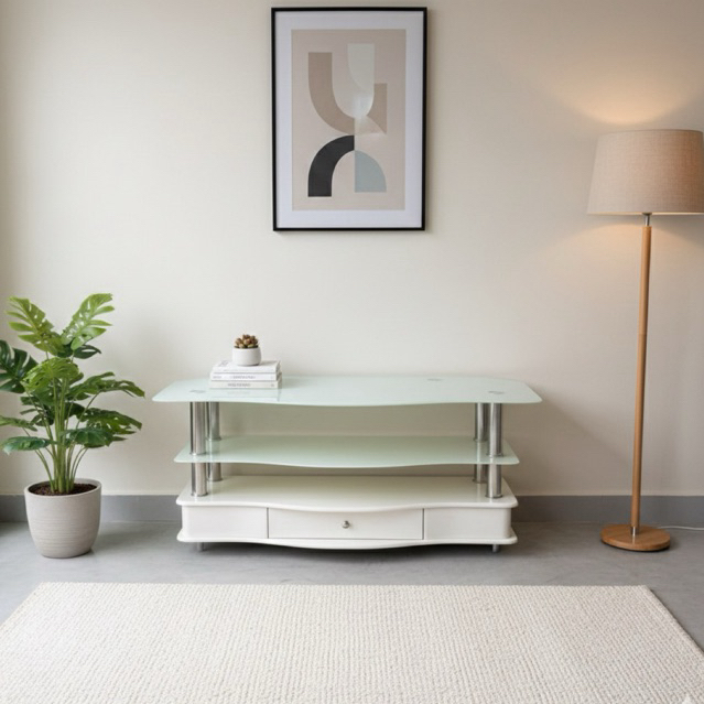 AMBIL DI RUMAH COD BALI INFORMA MEJA TV KACA TEBAL MEWAH PUTIH WHITE SOFT ESTETIK AESTHETIC BESAR JU