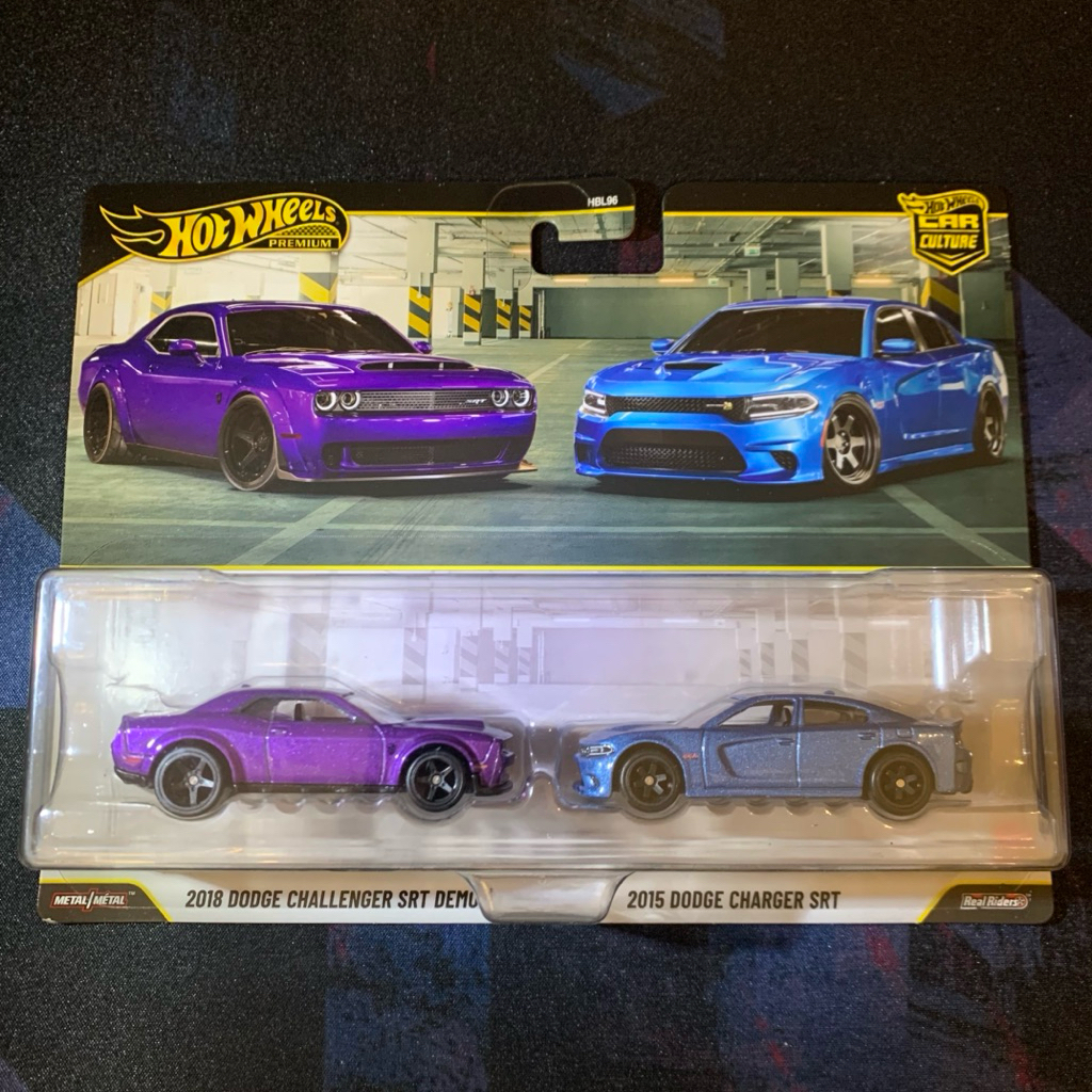 hot wheels premium two pack / twin pack dodge challenger srt demon & dodge charger srt