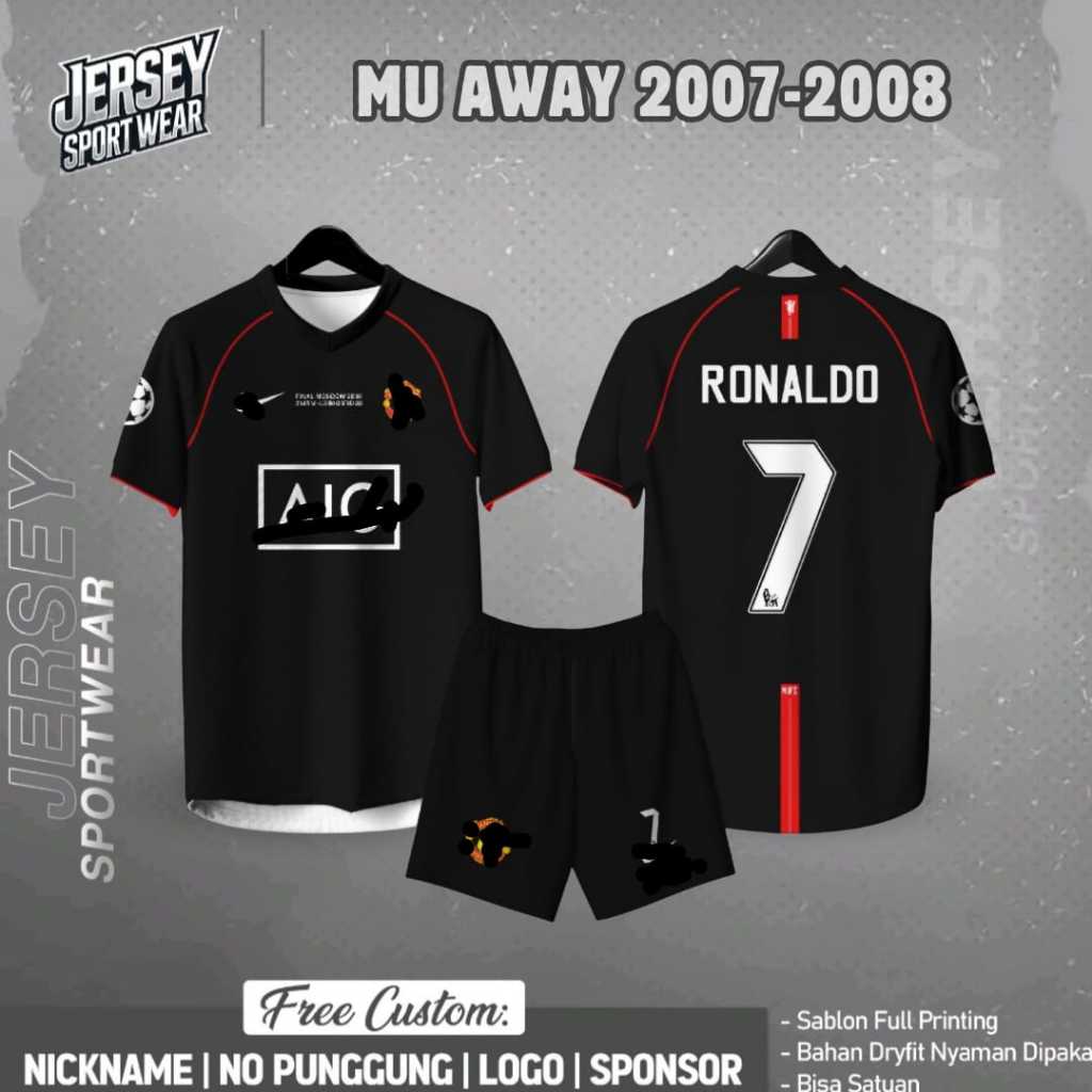 Jersey Sepak Bola Custom MU Away 2007-2008 Pendek Free Custom Nama, Nomor, Logo Dryfit Premium