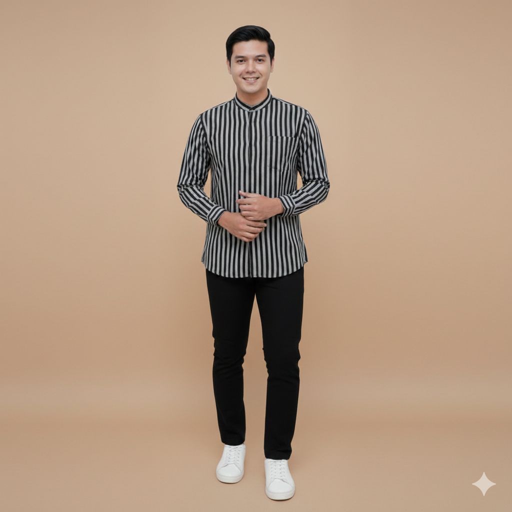 ASAKHI Baju Koko Pria Lengan Panjang Motif Lurik Abu Abu Katun Halus Ukuran Dewasa M L XL