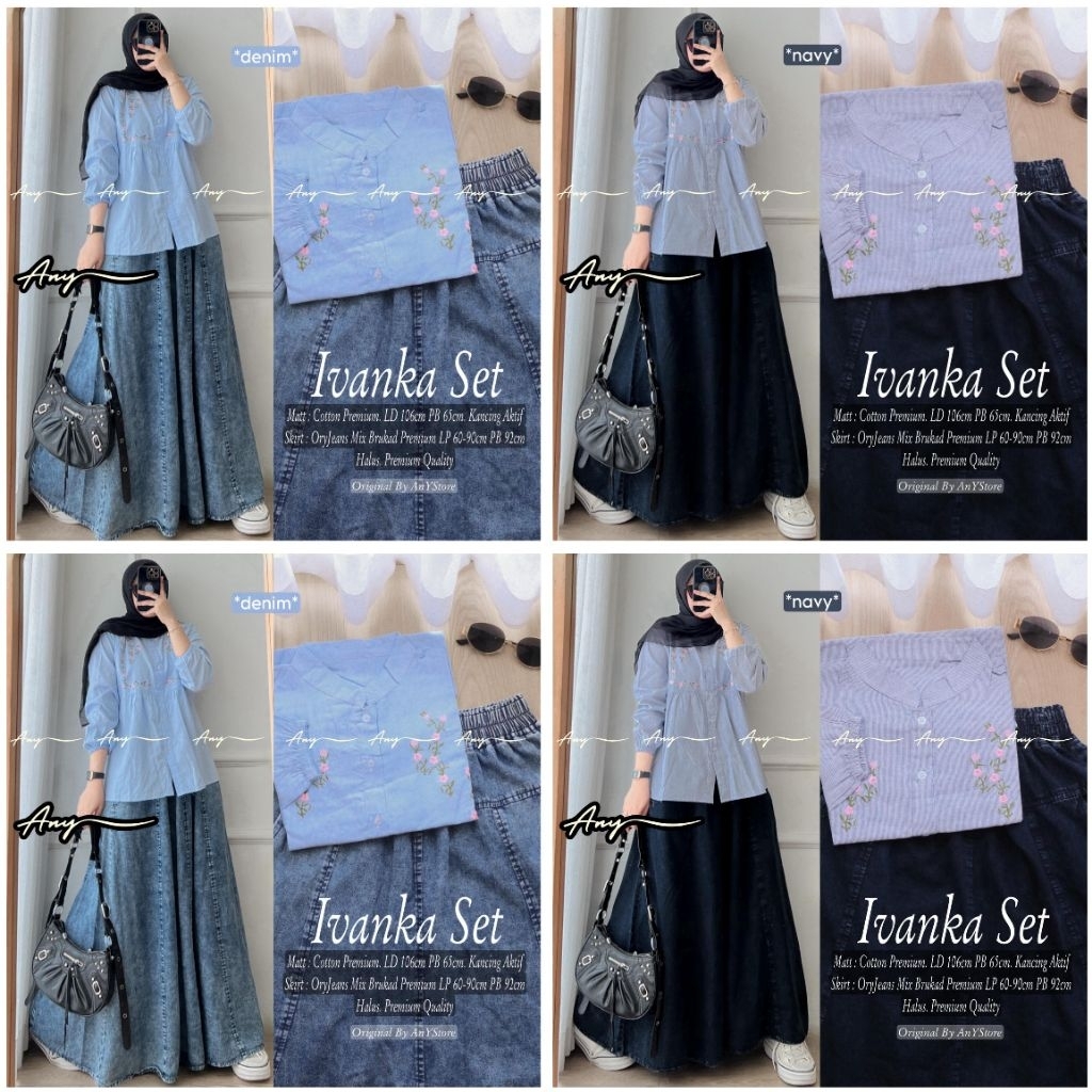 ayana ivanka qaory one set rok jeans by A.N.Y kemeja stripe wanita baju blouse garis garis rok panja