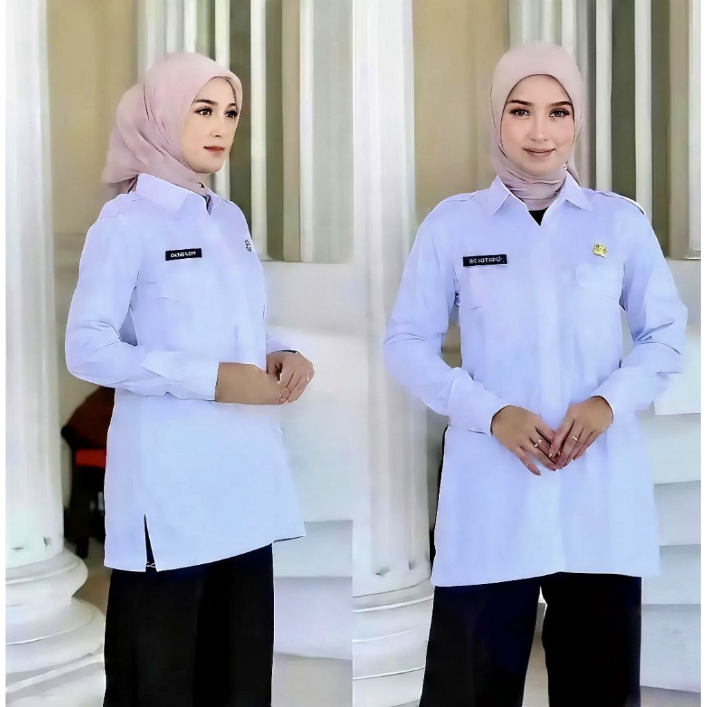 TUNIK PDH wanita putih polos ,bahan American drill tebal adem dan halus