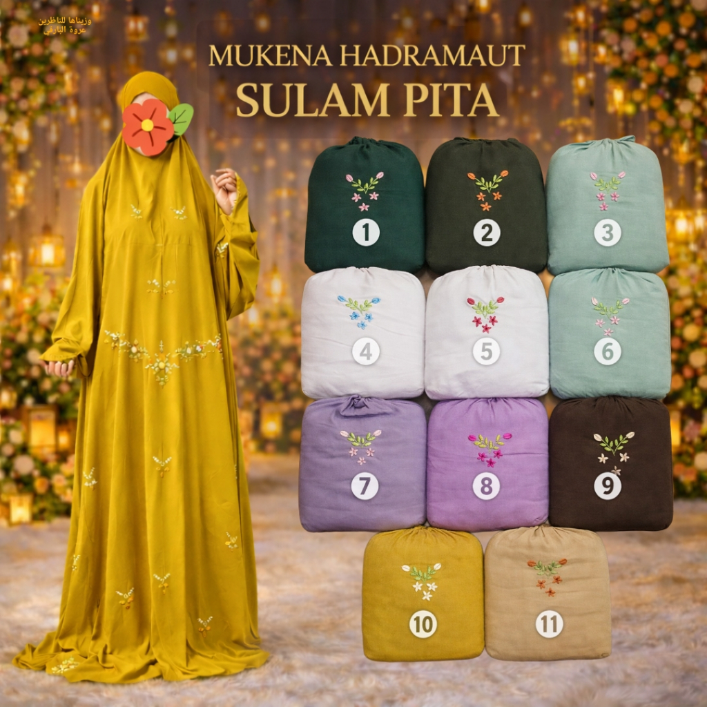 Mukena hadramaut terusan rukuh yaman jumbo sulam pita bunga depan belakang kain rayon adem